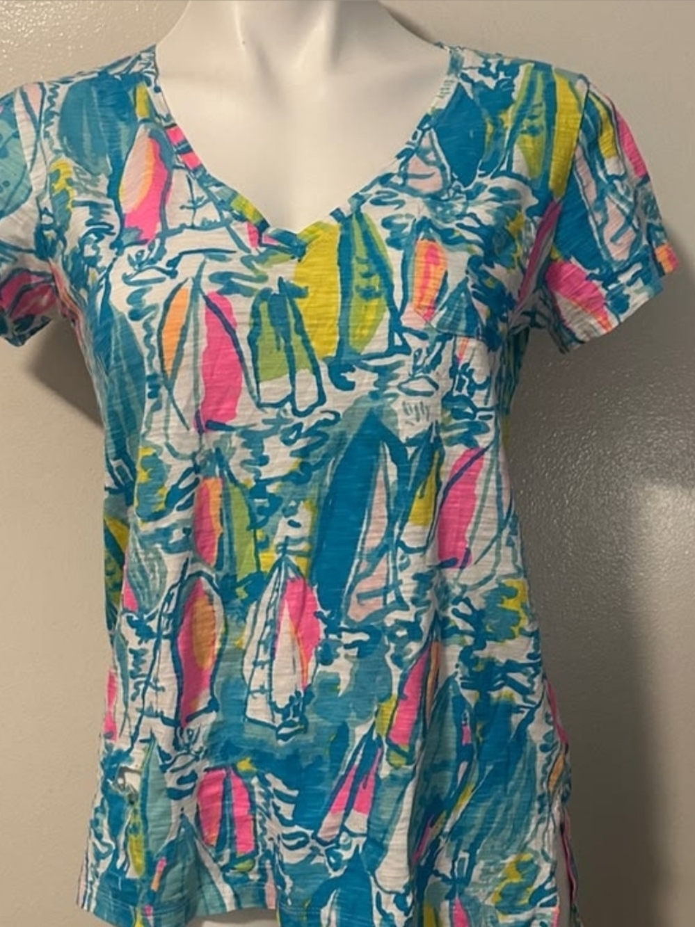 Lilly Pulitzer V-Neck Short Sleeve Top in Teal, Pink & Yellow